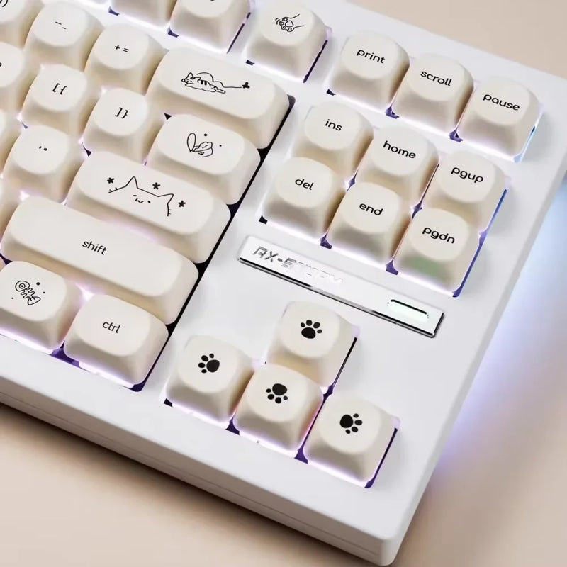 Milk White Kitten MOA Keycaps PBT 124 Keys Cute Kitten Dog Small Font for 60/84/98/108 Mechanical Keyboards