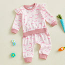 Adorable Baby Girl Easter Outfit Pink Floral Print Ruffle Sleeve Top Bowknot Elastic Waist Pants 2 Piece Set