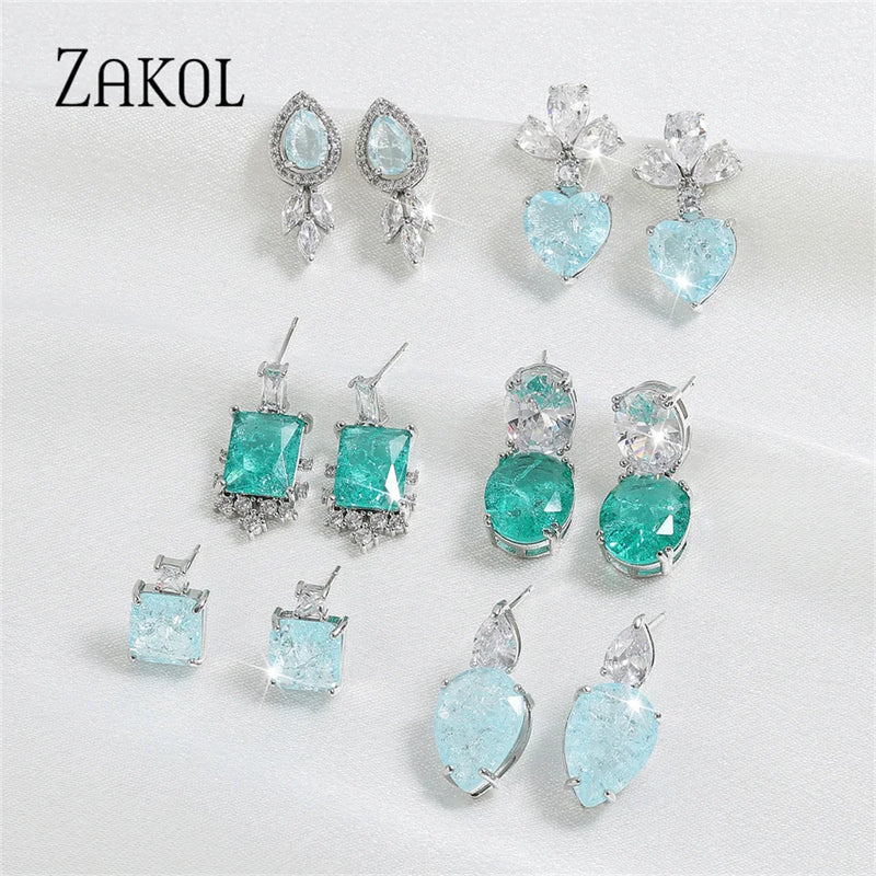 ZAKOL Blue Pink Rectangle Cubic Zirconia Drop Earrings for Women Girls Fashion Jackpot Wedding Accessories EP1196