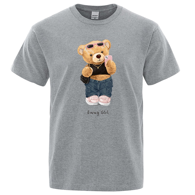 Street Teddy Bear Selfie Swag Girl  Prints Men Tops Fashion Summer T Shirt Mens Short Sleeve Hip Hop Streetwear