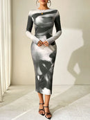 Spring New Women's Maxi Dresses Clubwear Fashion Long Sleeves Tie-Dye O-Neck Slim Dress Black Sexy Lady Elegant Dresses Clothing