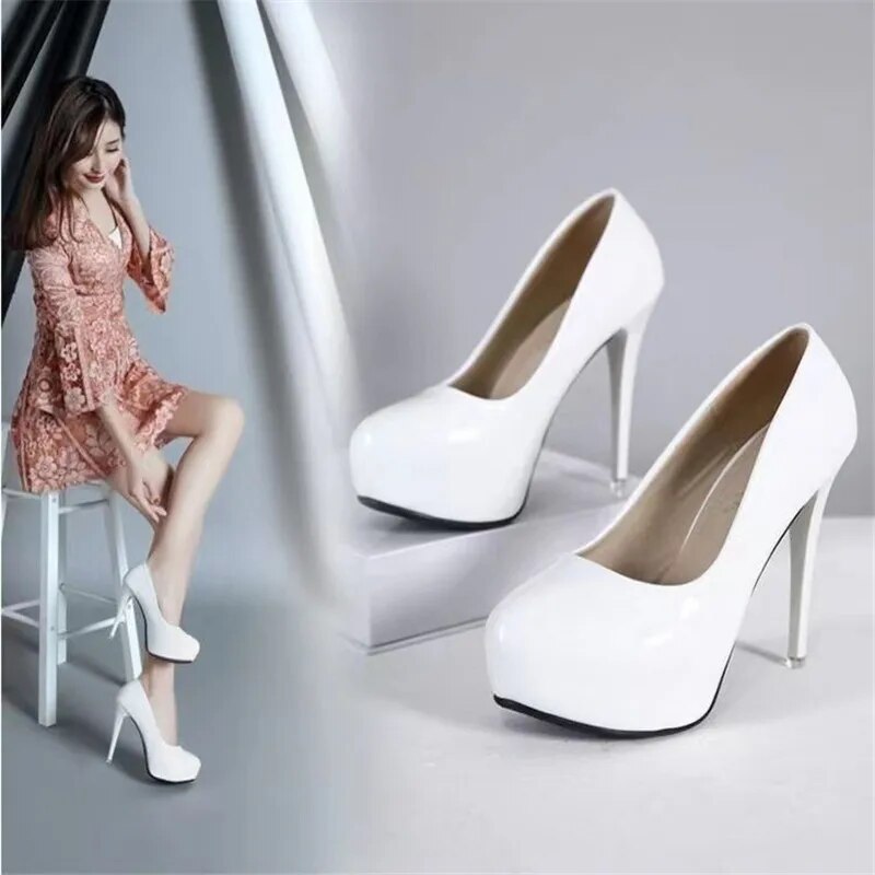 2023 HOT Women Pumps Patent Leather Round Toe 12CM Platform Wedding Party Dress High Heel