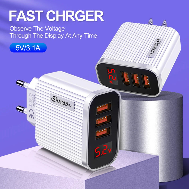 Quick charger 3 Ports Digital Display USB Charger for iPhone 13 Pro Max Xiaomi12 Samsung 5V 3A Fast Charging Wall Phone Chargers