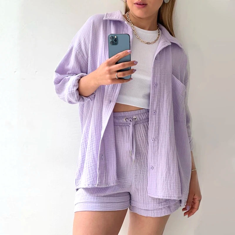 Summer Women Pajamas Fashion 100% Cotton Pink Loose Fitting Casual Pajamas 2-Piece Shorts Lace Up Lady Homewear Wearing Outside