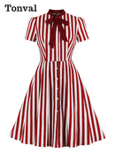 Tonval Bow Tie Neck Green Striped Vintage Robe Button Up Elegant Dresses for Women Cotton Retro Clothing Pocket Summer Dress
