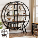 Bookshelf, Round Bookshelves Etagere Bookcase, 63 Inch Industrial Wood Book Shelf with Staggered Shelves, Living Room