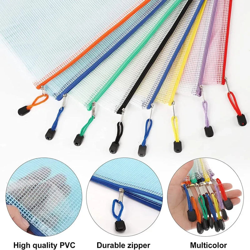 10pcs Mesh Zipper Pouch Waterproof Plastic Document Pouch Multipurpose for Travel Storage Office Appliances Home Organize Bags