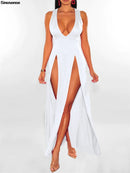 Womens Side Split Deep V Neck Bodycon Clubwear Maxi Vest Dress Sexy Sleeveless Bandage Slim Evening Cocktail Party  Long Dress