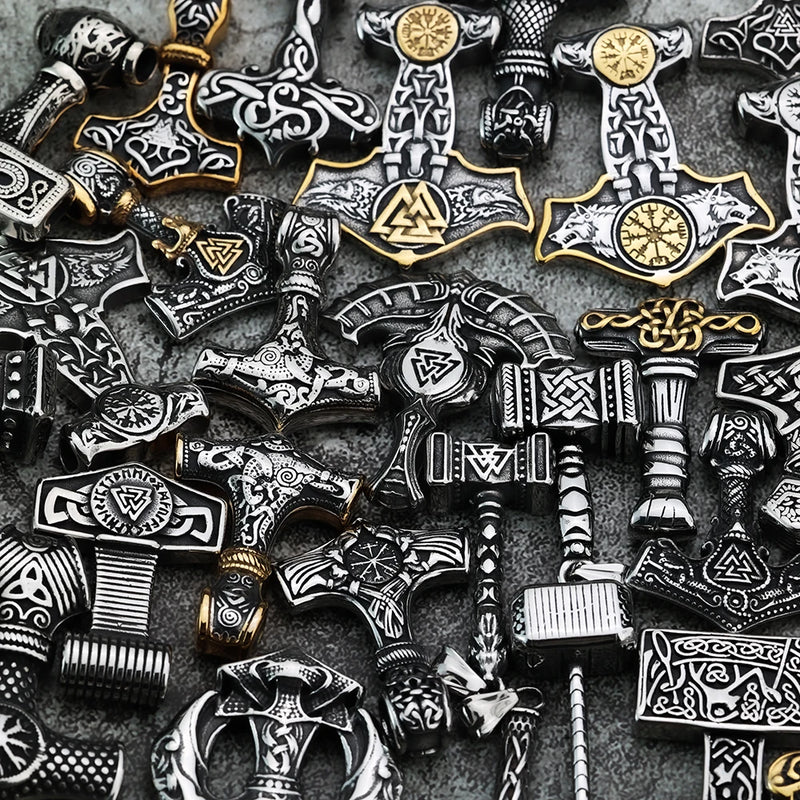 Norse Vikings Thor's Hammer Mjolnir Scandinavian Rune Amulet Necklace Stainless Steel Chain Vegvisir Anchor Pendant Male Jewelry