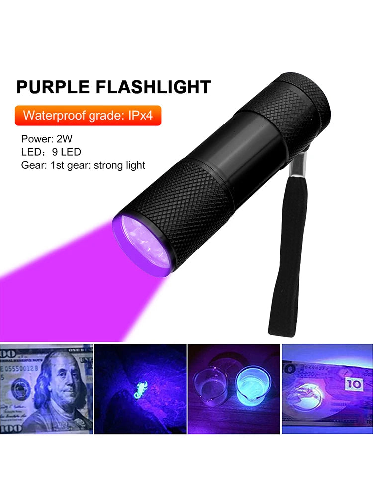 Mini Flashlight with Rope Professional Purple Light Anti-Skid 395nm Backlight Portable Ultraviolet Torch Gadgets