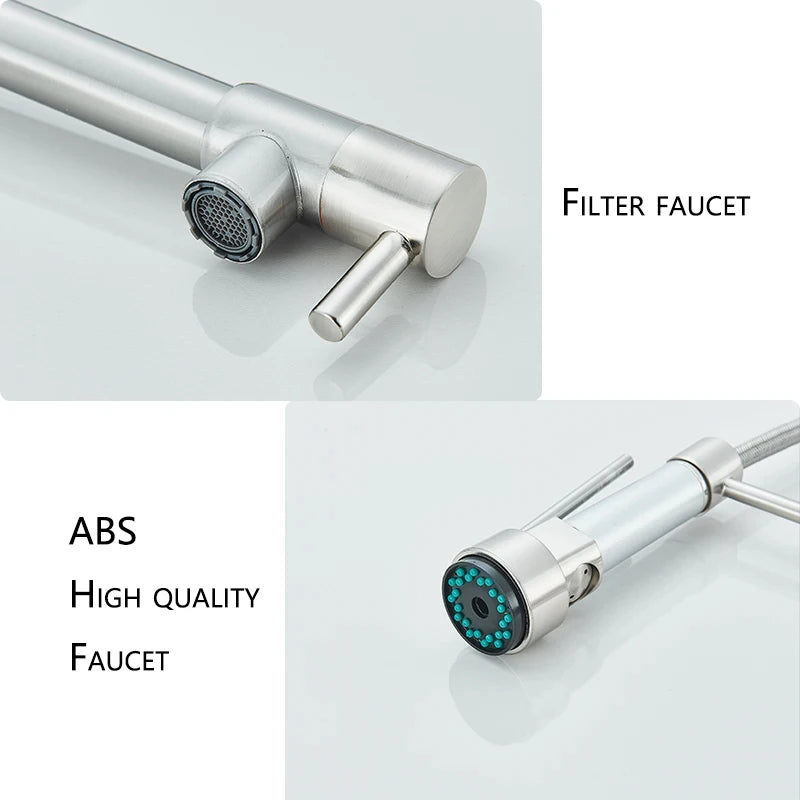 Nickel Kitchen Sink Faucet Pull Down Hot and Cold Water Mixer2 Mode Tap with Dual Spout 360 Rotation Flexible Deck Mounted