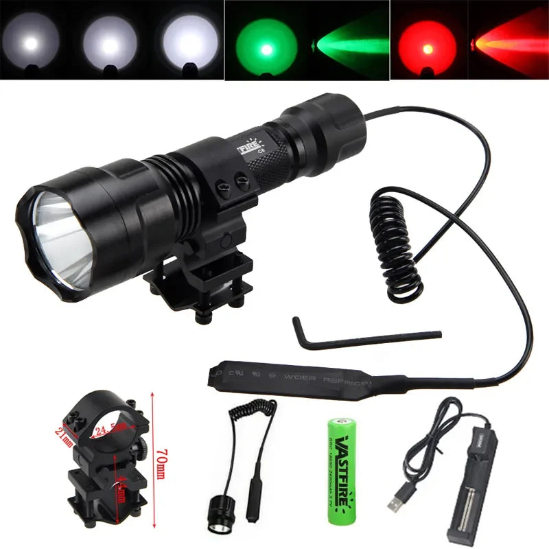 LED Tactical Hunting Flashlight Green/Red/White Portable Torch Outdoor Waterproof Lantern+18650+Charger +Switch 500-800M Range