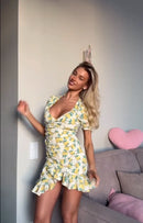Women Chic Floral Print Bodycon Dress Holiday v-neck Pleated Patchwork Flared Sleeve Ruffle 2026 Summer Casual Latest Vestidos