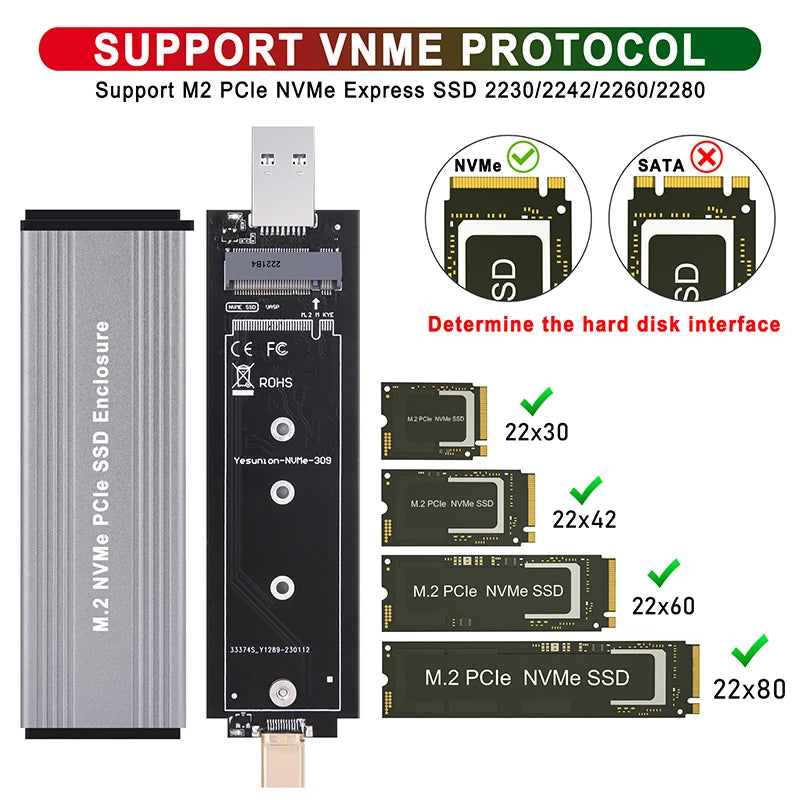 M.2 NVME SSD Case External Enclosure USB3.1 Type-A + USB 3.2 Gen 2 Type C 10G M2 M-KEY NVME to USB Adapter Box JMS583 Chip Strap