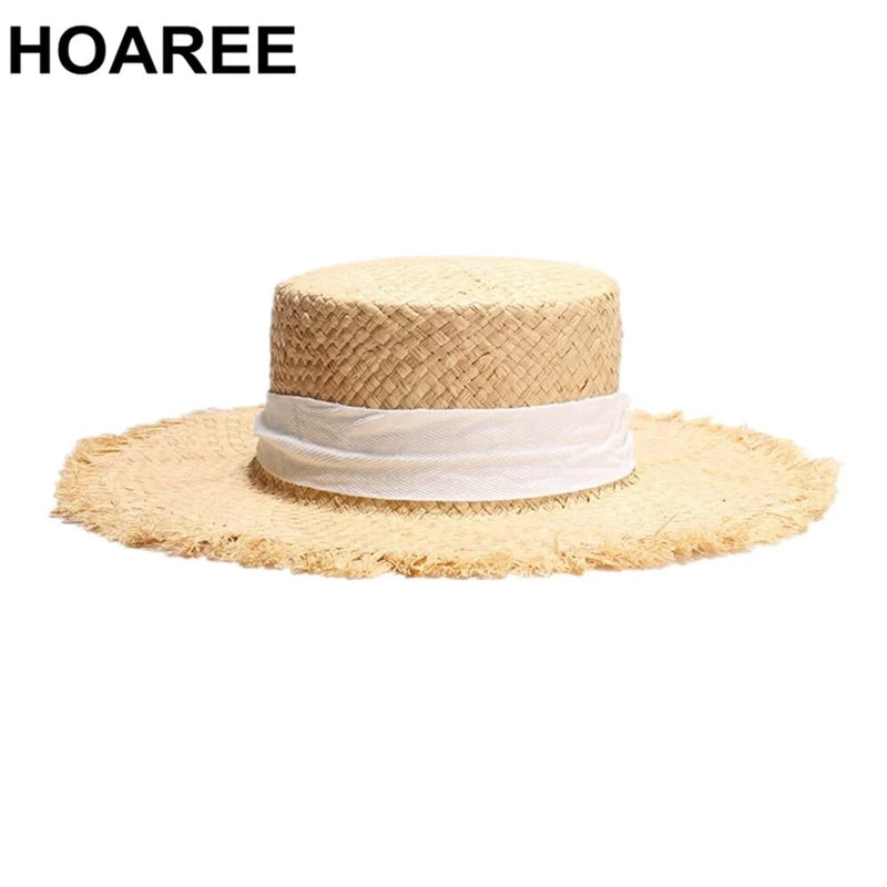 HOAREE Women Raffia Straw Sun Hat Ladies Summer Wide Brim Boater Casual Lace-Up Female Designer Brand Beach Flat Cap