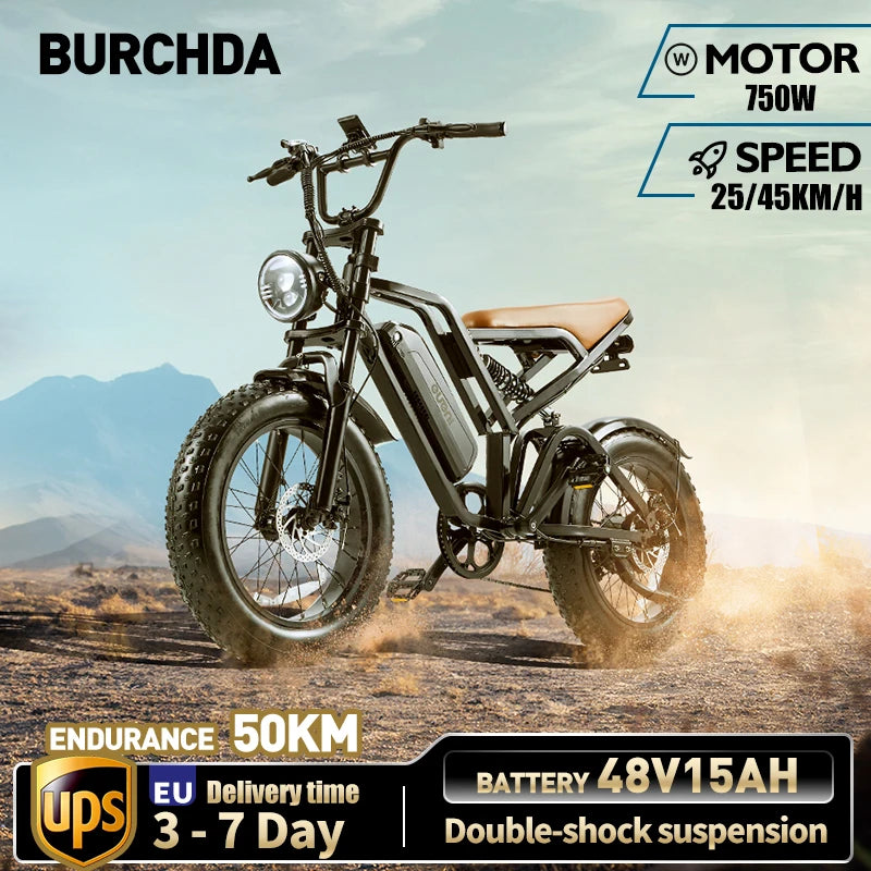 BURCHDA FXH-009 750W45KM/H Electric Bicycle 48V15AH Lithium Battery 20 Inch 4.0 Fatbike Dual Shock Absorption Adult Motorcycle