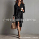 Retro Chic Women Midi Dress Corduroy Fabric Lapel Collar Popular Button Front Loose Fit Long Sleeve Comfy Casual Daily Outfit