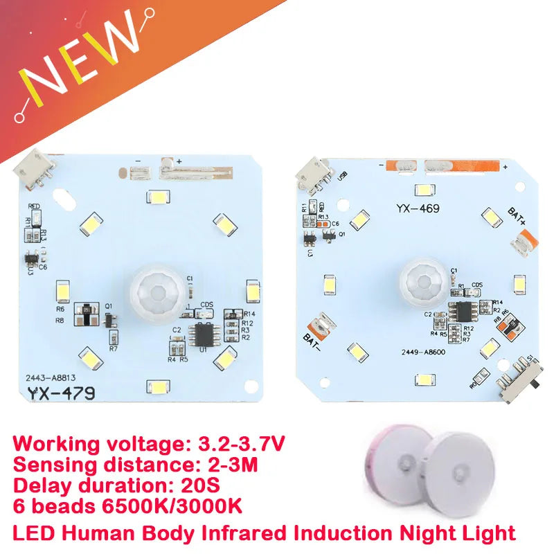 5pcs/1pc PIR Sensor Detector Smart Switch Night light board integrated lamp board control board circuit board 3.7V USB Charging