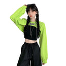 Female Cut Out Crop Top Hoodie Long Sleeve Hooded Pullover Sweatshirt Drop Shoulder Drawstring Hoodie Crop Jumper-Top