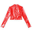Womens Glossy PVC Leather Crop Top Sexy Mock Neck Long Sleeve Exposed Breast Back Zipper Bodycon Erotic Tops Party Clubwear