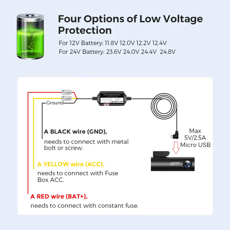 AZDOME JYX04 Car DVR HardWire Kit For M300 Low Vol Protection Micro USB Port  ACC Power Cable 12V-24V in 5V3A Out