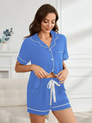 Summer Women's Pajamas Sets Short Sleeve Notched Collar Top Tee Button Down Elastic Waist Shorts Home Suit Loungewear Sleepwear