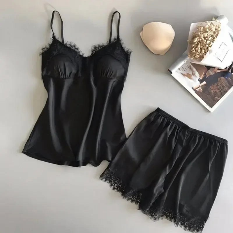 Women's Ice Silk Pajama Suits Fashion V-Neck Lace Stretch Satin Seamless Sexy Lingerie Homewear Pyjamas Shorts Set Sleepwear New