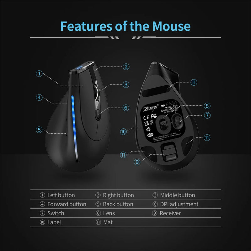 ZELOTES F-36A Ergonomic Vertical Mouse 6 Buttons Wireless Rechargeable Mice 2400 DPI Adjustable Computer PC Gaming Mouse