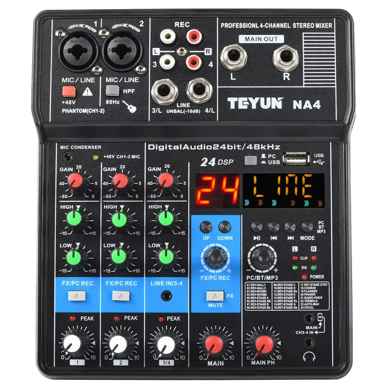 TEYUN 4-Channel Professional Sound Mixer Console Mini Audio Mixer Sound Card Computer Input 48v Power USB Computer Record NA4