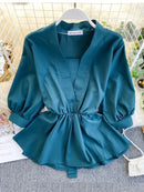 Women's Temperament Shirt Summer Design Ruffles Lace Up Waist Wild Shirt Tide Solid V-Neck Three Quarter Shirts Top ML673