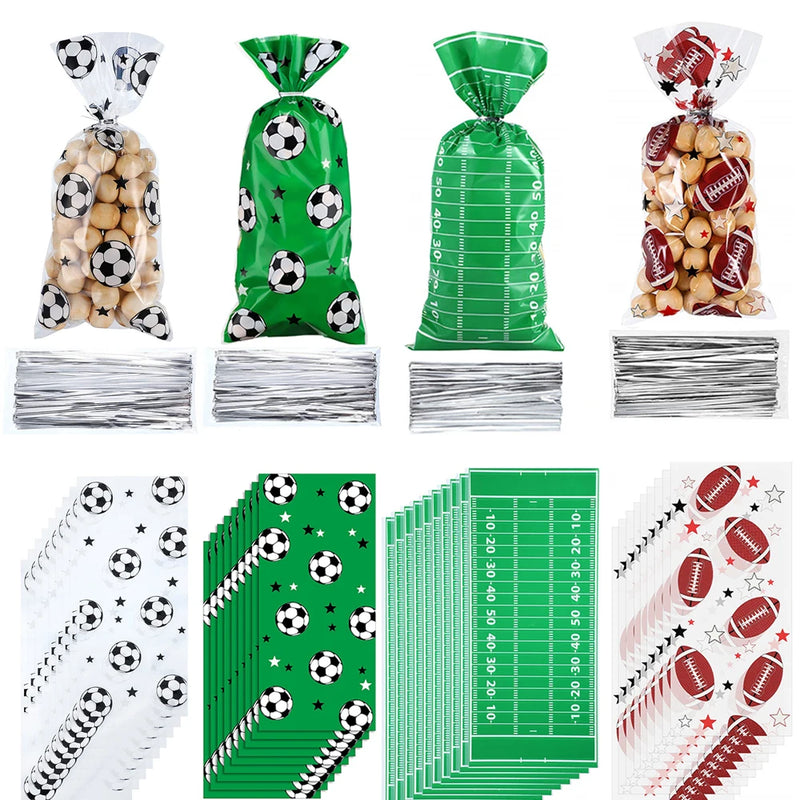 25/50pcs Football Treat Cellophane Bags Soccer Candy Favor Bags Sports Theme Birthday Party Decor Goody Bags with Twist Ties