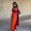 Fashion Women Color Blocking Scarf Collar Sling Dress Sexy Split Waist Cinching Bodycon Maxi Gowns 2026 Lady Club Party Vestidos