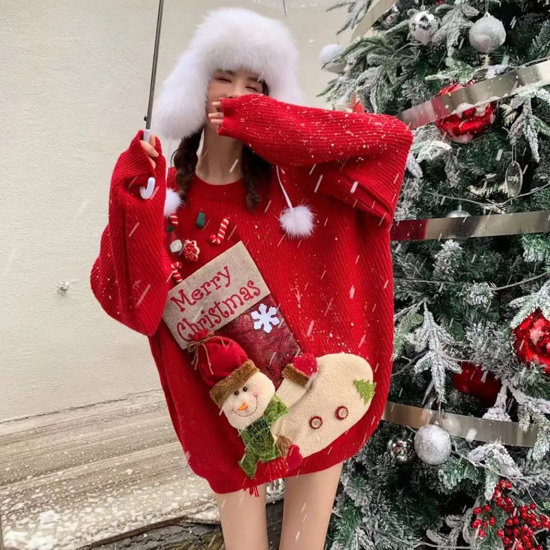 Christmas Sweater Loose New Lazy Sweater Wearing Thick Sweater Three-dimensional Cartoon Red Coat in Autumn and Winter Women