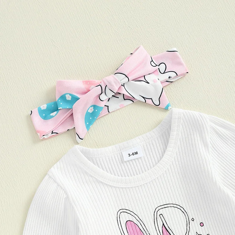 Adorable Baby Girl Easter Outfits with Cute Bunny Print Long Sleeve Romper Flare Pants and Matching Headband - 3 Piece Set