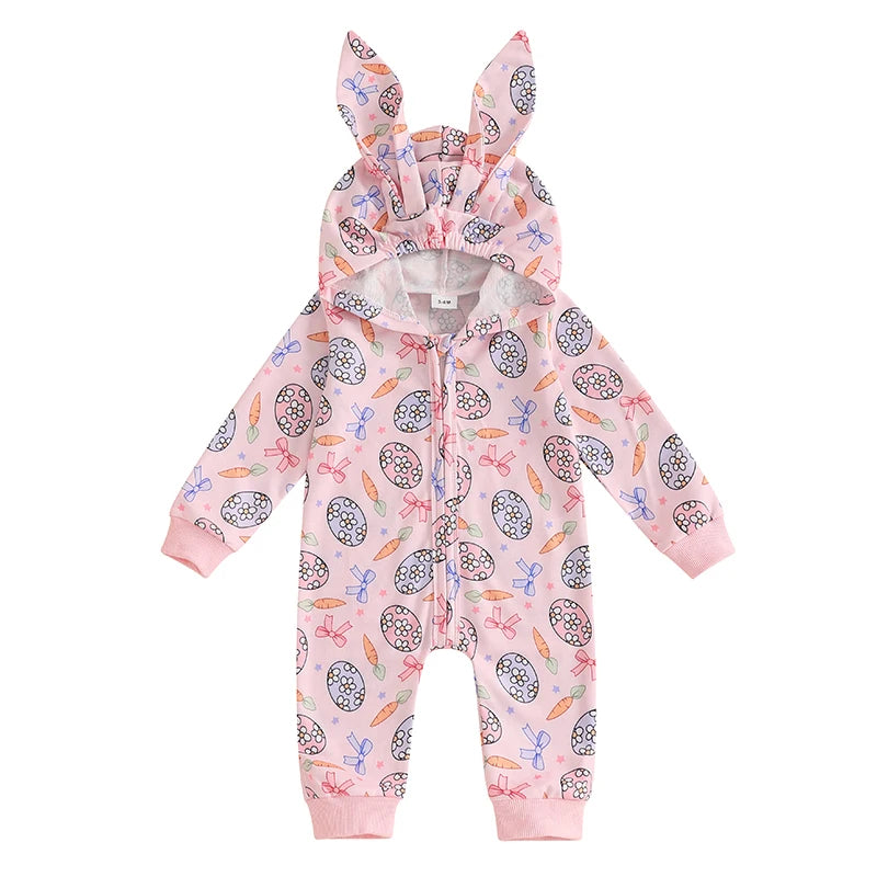 Adorable Toddler Easter  with Cute Bunny Ear Hood and Easter Egg Print - Long Sleeve Baby Romper for Spring Festivities