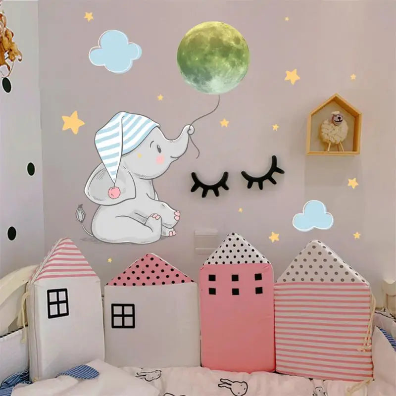 Moon Baby Elephant Luminous Wall Sticker Baby Kids Room Bedroom Decoration Decals Glow In The Dark Home Decoration Stickers