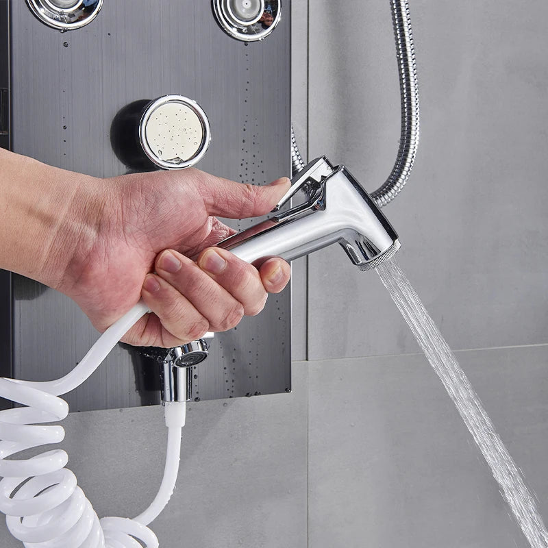 Black Bathroom Shower Panel SPA Massage Jet Shower Column LED Display Stainless Steel Shower System