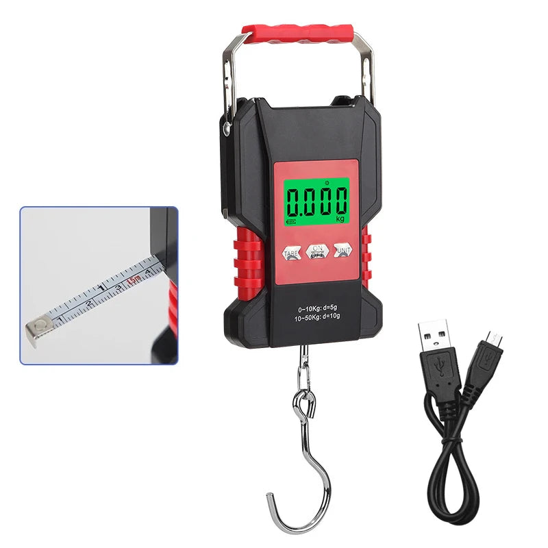 New Digital Hanging Hook Scales 50kg LCD USB Rechargeable Weighting Luggage Scale Waterproof Electronic Scale Built in 1.5M Tape