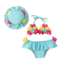 3Pcs Girls Bikini Sets Baby Swimwear Halter Flower Bra + Ruffle Skirt + Sun Caps Toddler Bathing Suit Infant Beachwear 0-24M