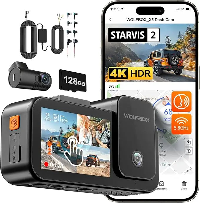 WOLFBOX X5 3 Channel 4K Dash Cam STARVIS 2 IMX678 4K+2.5K Front and Rear Inside Triple Car Camera 5.8GHz WiFi Mirror Car DVR