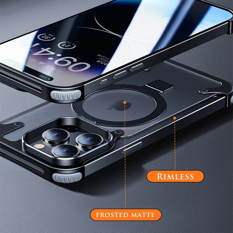 Aluminum Alloy Magnetic Stand Rimless Phone Case For iPhone 15 14 13 Pro Max 15 Plus Metal Lens Shell Frosted Matte Back Cover