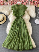 Vintage Purple/Green/Red Lace Midi Dress Women Sweet Round Neck Ruffle Vestidos Female High Waist Slim Robe Spring Autumn 2021