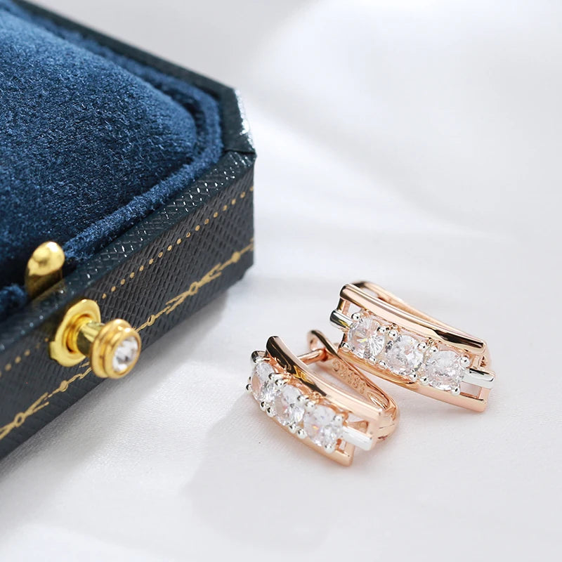 Kinel Luxury Three Big White Natural Zircon English Earrings For Women 585 Rose Gold Silver Color Mix Wedding Daily Fine Jewelry