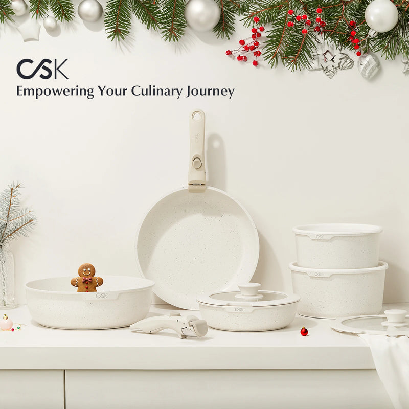 17 Piece Nonstick Skillet and Saucepan Set with Silicone Lid and Utensils Induction, Detachable Handle, Oven Available, Beige