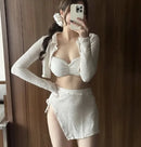 Sexy Korean Fashion Pink Bandeau Bikini Sets 4 Pieces Long Sleeve Swimsuit with Mini Skirt Swimwear Beach Bathing Suits Biquini