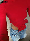 Shestyle Red Asymmetrical Ruffles T-Shirts Women Iron Shape Crew Neck Autumn Glowing Flare Sleeve Crop Tops New Arrivals Tees