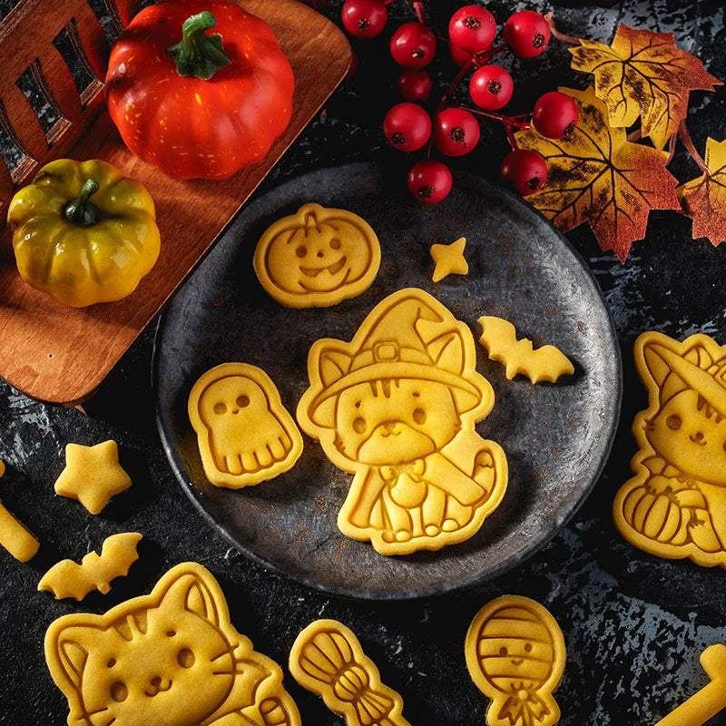 Halloween Cookie Mold Cartoon Wizard Kitten Cookies Flip Witch Candy Cutting Molds Stamp Pressing Pastry Decor Baking Tools