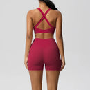 2PCS Sportswear With Pocketed Yoga Set Gym Clothes Yoga Suits For Women Tracksuits Sports Shorts Crossover Bra Gym Leggings