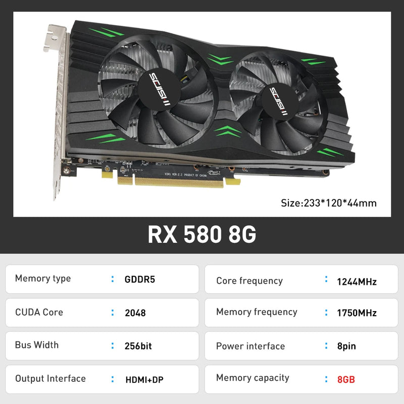 SJS RX 580 8G 256Bit 2048SP GDDR5 AMD GPU RTX 3060 2060 Graphics Cards RX580 Video Card Radeon Mining Gaming Card placa de video