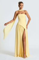 The Helios | Butter Yellow Pleated Gown with Backless Silhouette